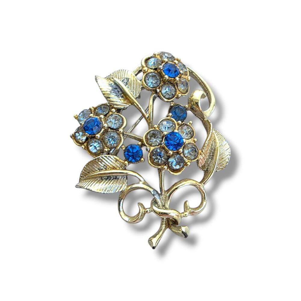 Coro Vintage silver tone blue rhinestone flowers on stems w leaves‎ Twee